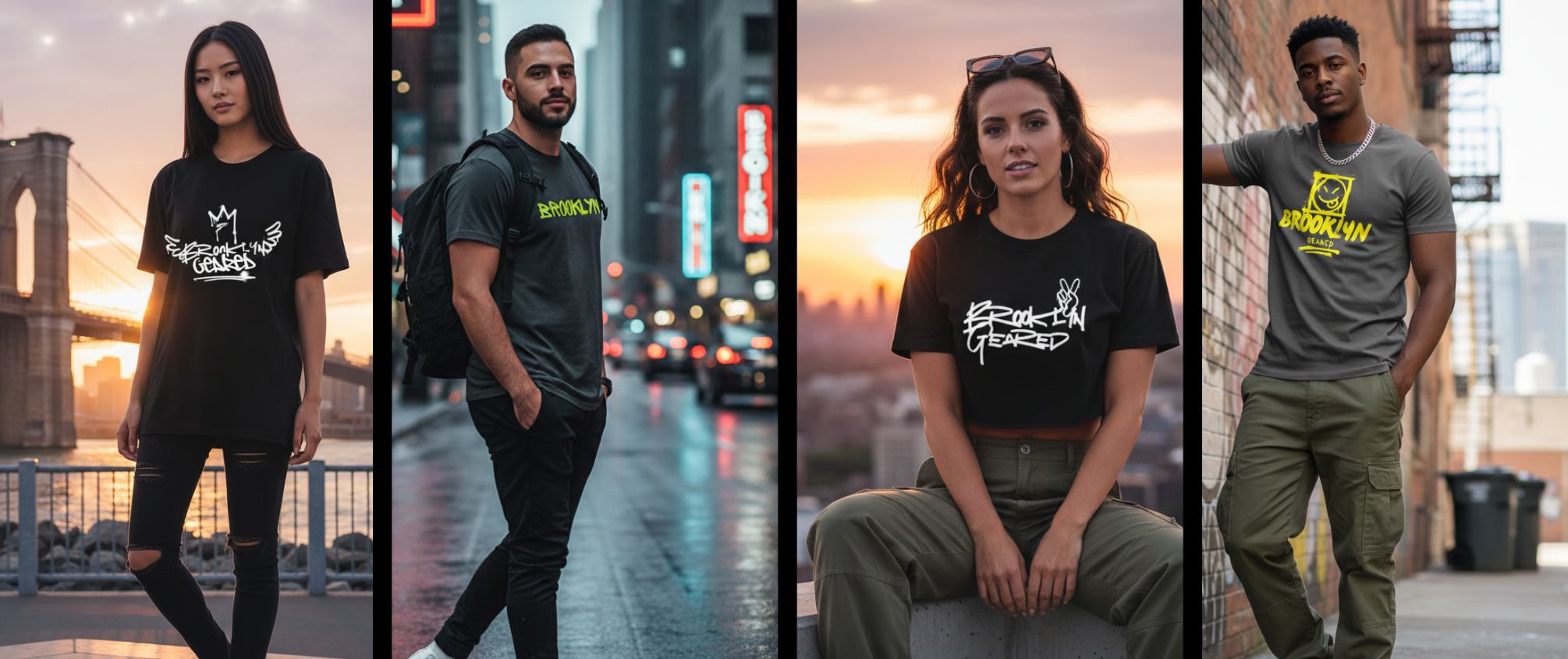 Five people wearing branded t-shirts in various settings.